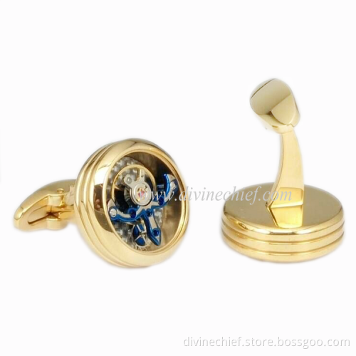 High End Golden Plated Blue Tourbillon Cufflinks, Stainless Steel Cufflinks With Custom Logo